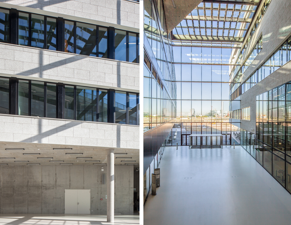Aloys Kiefer Architekturfotografie: Es werden zwei Bilder gezeigt. Links Detail der Fassade. Rechts die Eingangshalle aus dem 1. Stock.